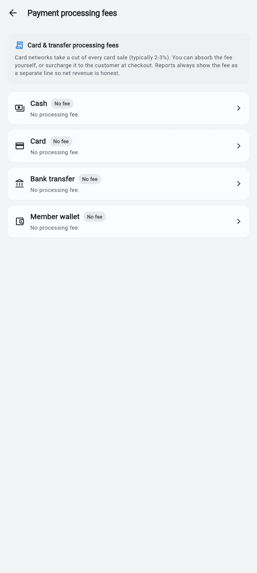 The Payment processing fees screen listing Cash, Card, Bank transfer and Member wallet, each with a No fee pill and 'No processing fee.'