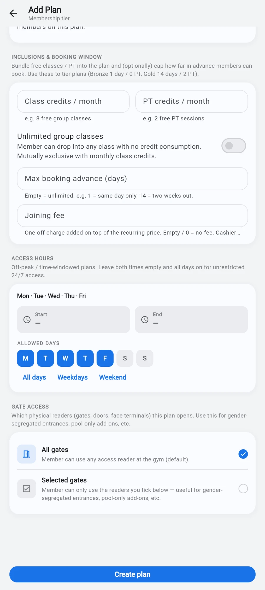 The ACCESS HOURS card of the plan form, summarised as 'Mon · Tue · Wed · Thu · Fri', with empty Start and End time pickers, an ALLOWED DAYS row where M, T, W, T and F are selected and both S chips are off, and the All days / Weekdays / Weekend shortcuts — the INCLUSIONS & BOOKING WINDOW card above and GATE ACCESS below