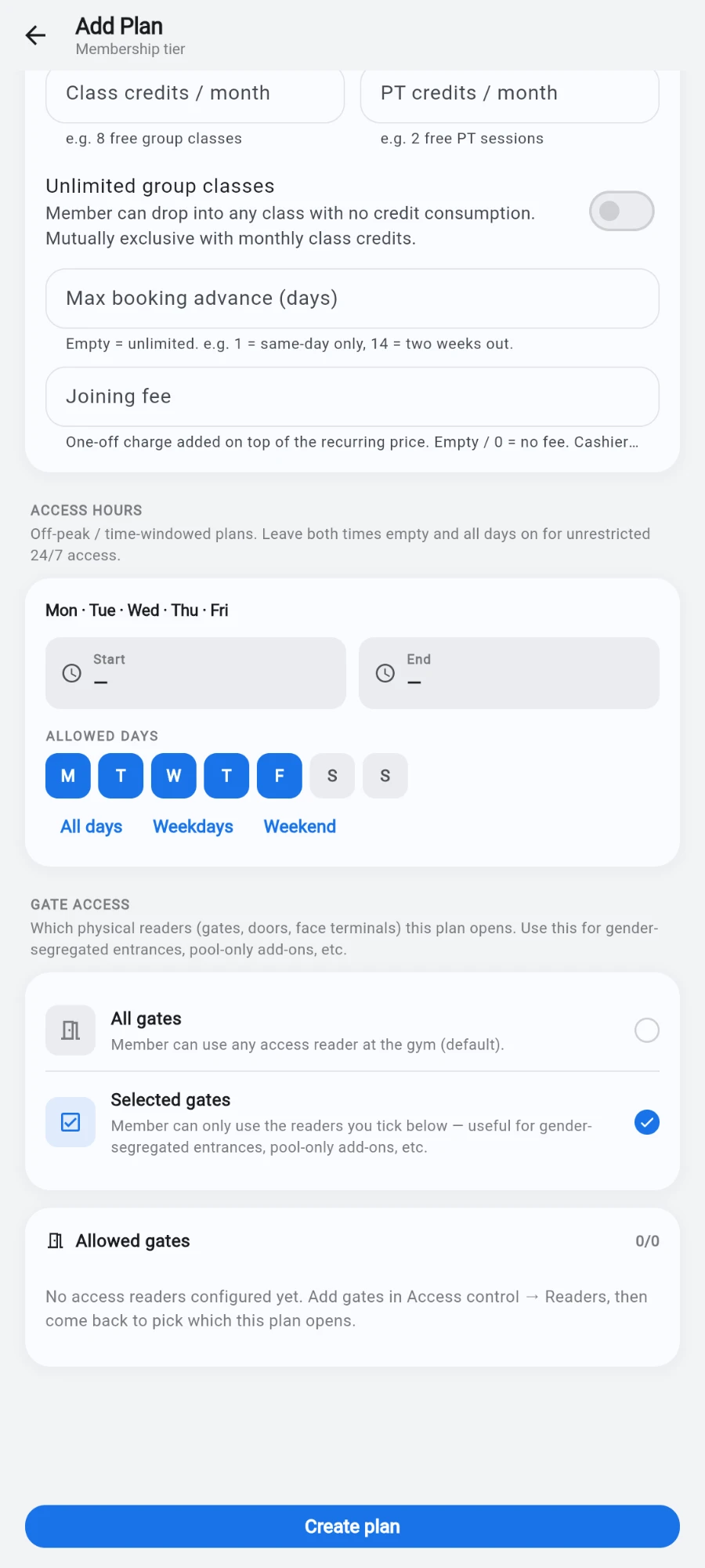 The GATE ACCESS card of the plan form with Selected gates chosen instead of All gates, and the Allowed gates checklist that appears beneath it reading '0/0 — No access readers configured yet. Add gates in Access control → Readers, then come back to pick which this plan opens'