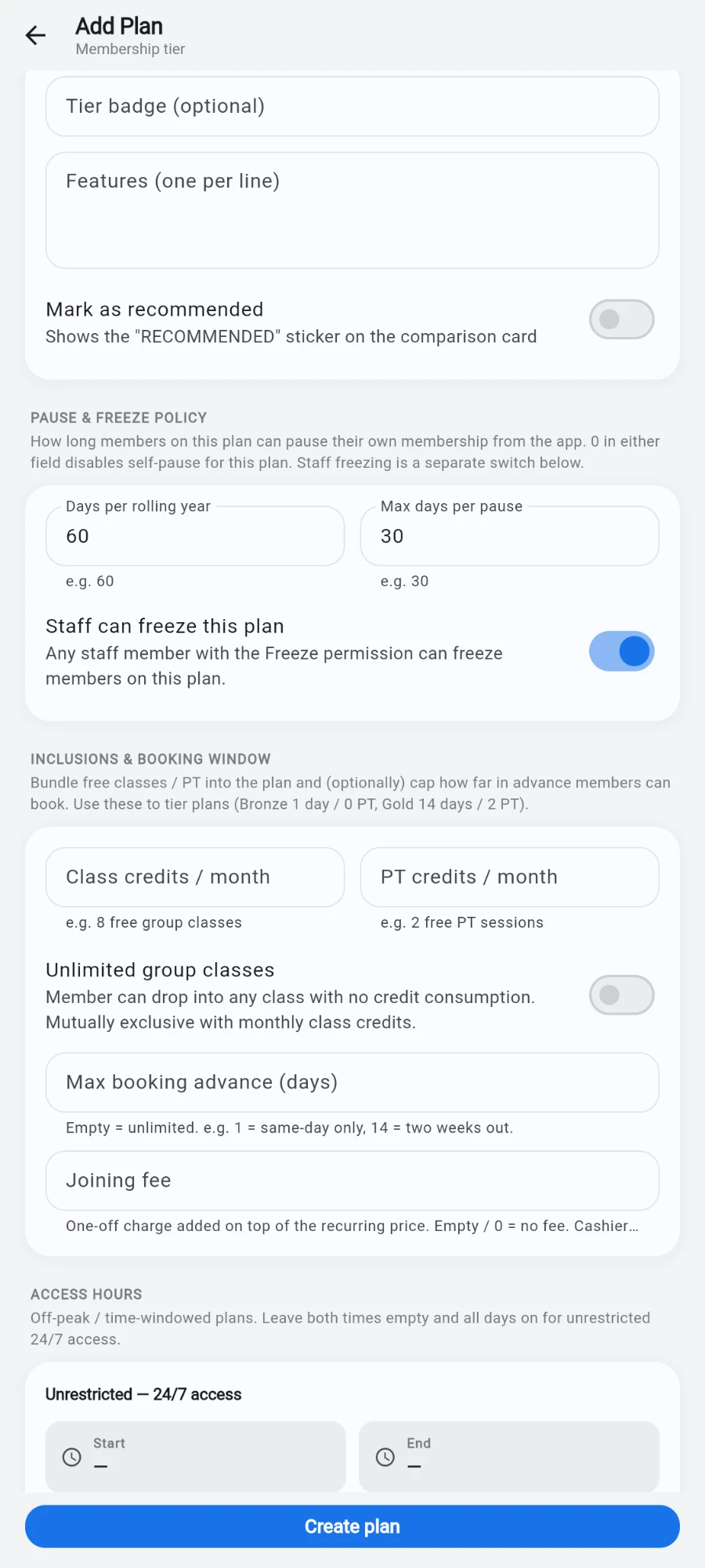 The PAUSE & FREEZE POLICY card of the plan form, explained as how long members can pause their own membership from the app, with Days per rolling year set to 60, Max days per pause set to 30, and the 'Staff can freeze this plan' switch on, subtitled 'Any staff member with the Freeze permission can freeze members on this plan'