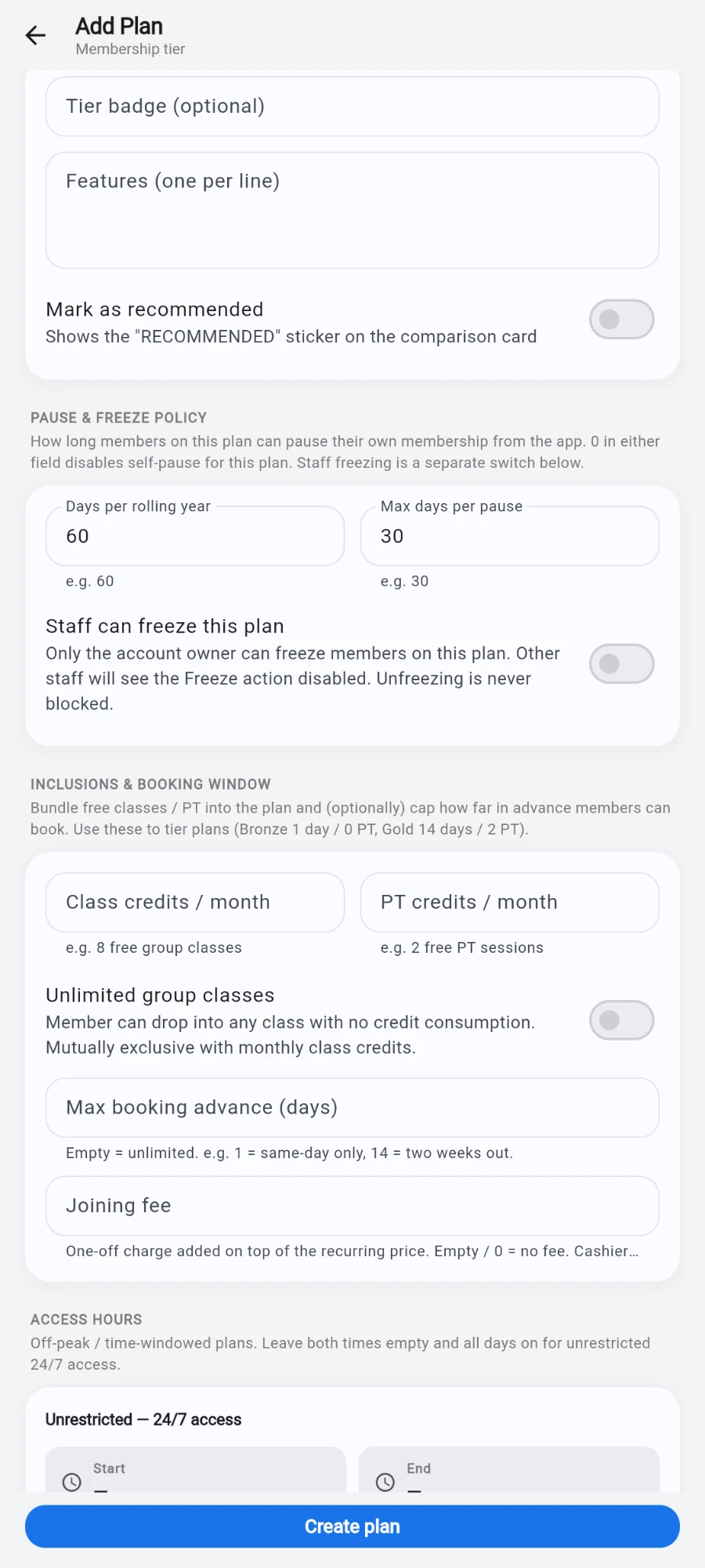 The same PAUSE & FREEZE POLICY card with the 'Staff can freeze this plan' switch turned off, so its subtitle now reads 'Only the account owner can freeze members on this plan. Other staff will see the Freeze action disabled. Unfreezing is never blocked'