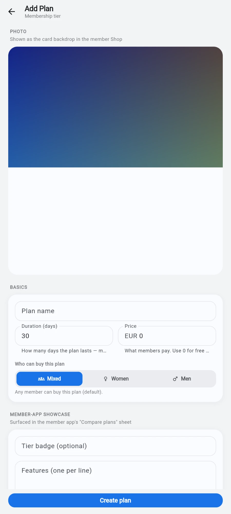 The plan photo card with Upload photo and Remove buttons