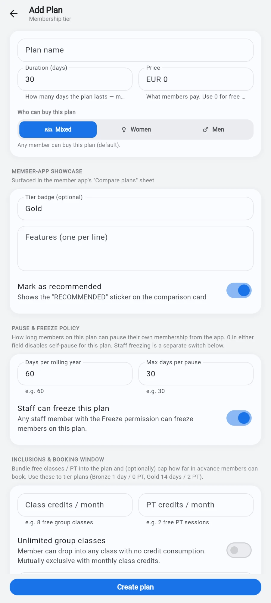 The Member-app showcase card: tier badge, features list and the recommended switch