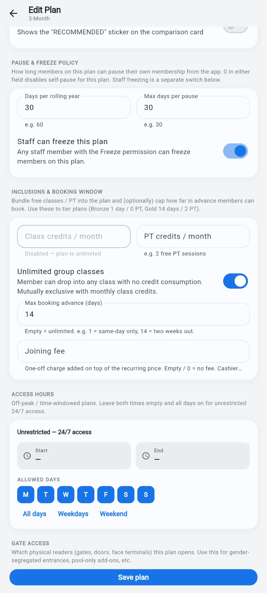 The Edit Plan screen for the 3-Month plan scrolled to ACCESS HOURS — Off-peak / time-windowed plans. Leave both times empty and all days on for unrestricted 24/7 access — showing a card headed Unrestricted — 24/7 access with empty Start and End fields, all seven ALLOWED DAYS chips lit, and the All days / Weekdays / Weekend shortcuts