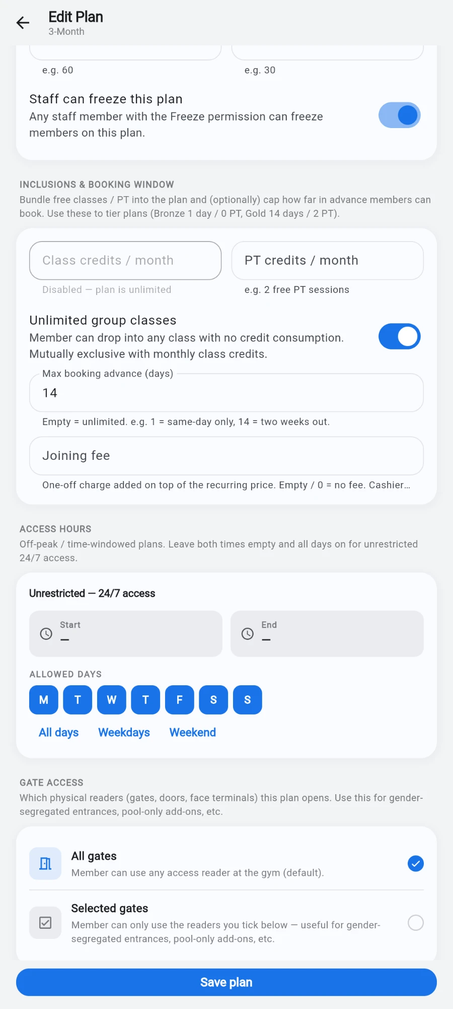 The same plan scrolled to GATE ACCESS — Which physical readers (gates, doors, face terminals) this plan opens — with All gates ticked and Selected gates offered below it, the access-hours card still visible above and Save plan pinned at the bottom