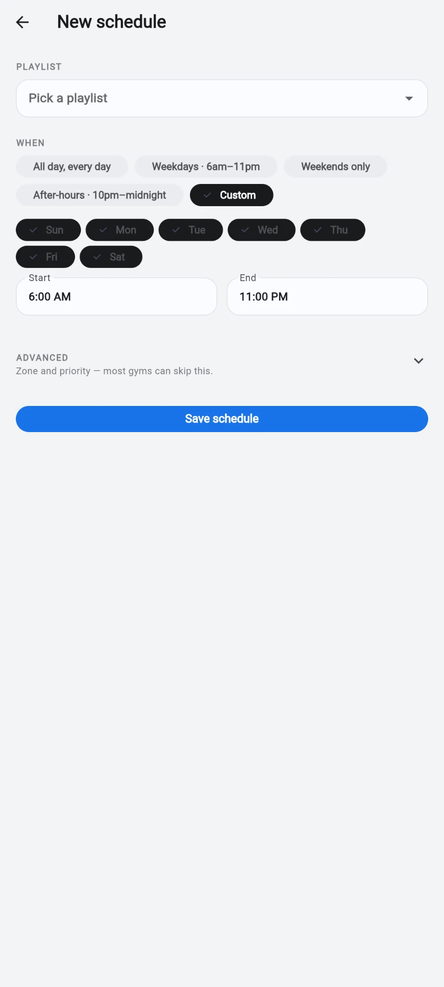The New schedule sheet with cadence presets and custom day chips