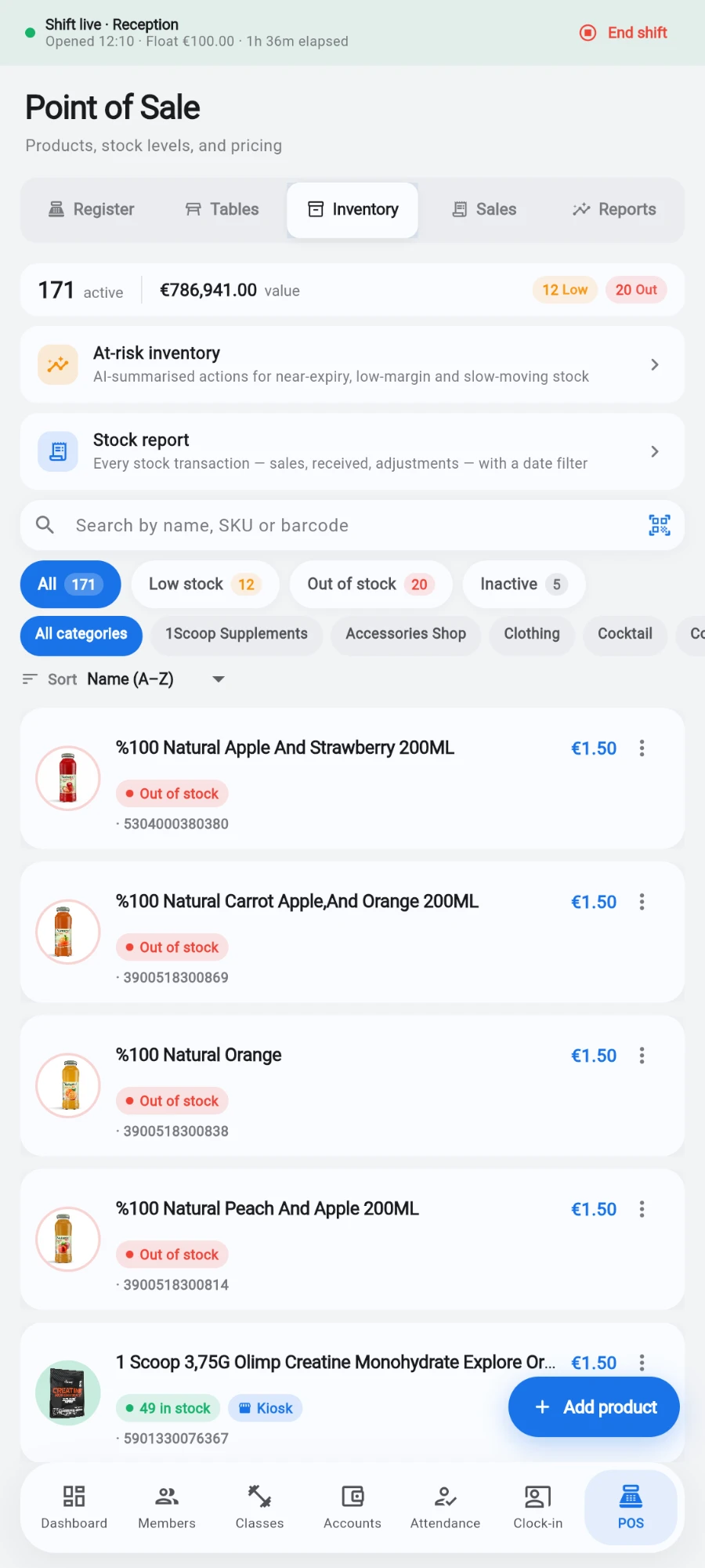 The POS Inventory view with products, prices and stock levels