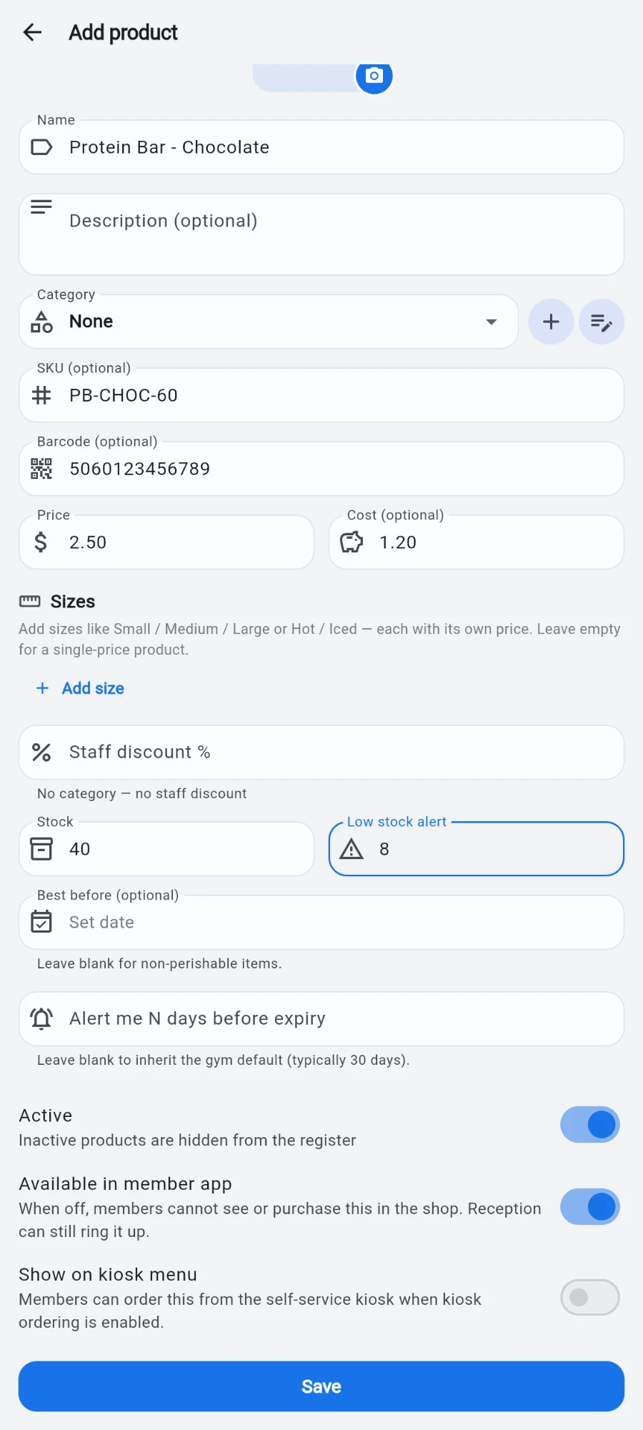 The Add product form filled in with a name, SKU, barcode, price 2.50 and cost 1.20, plus sizes, stock 40, a low-stock alert of 8 and the register, member-app and kiosk switches
