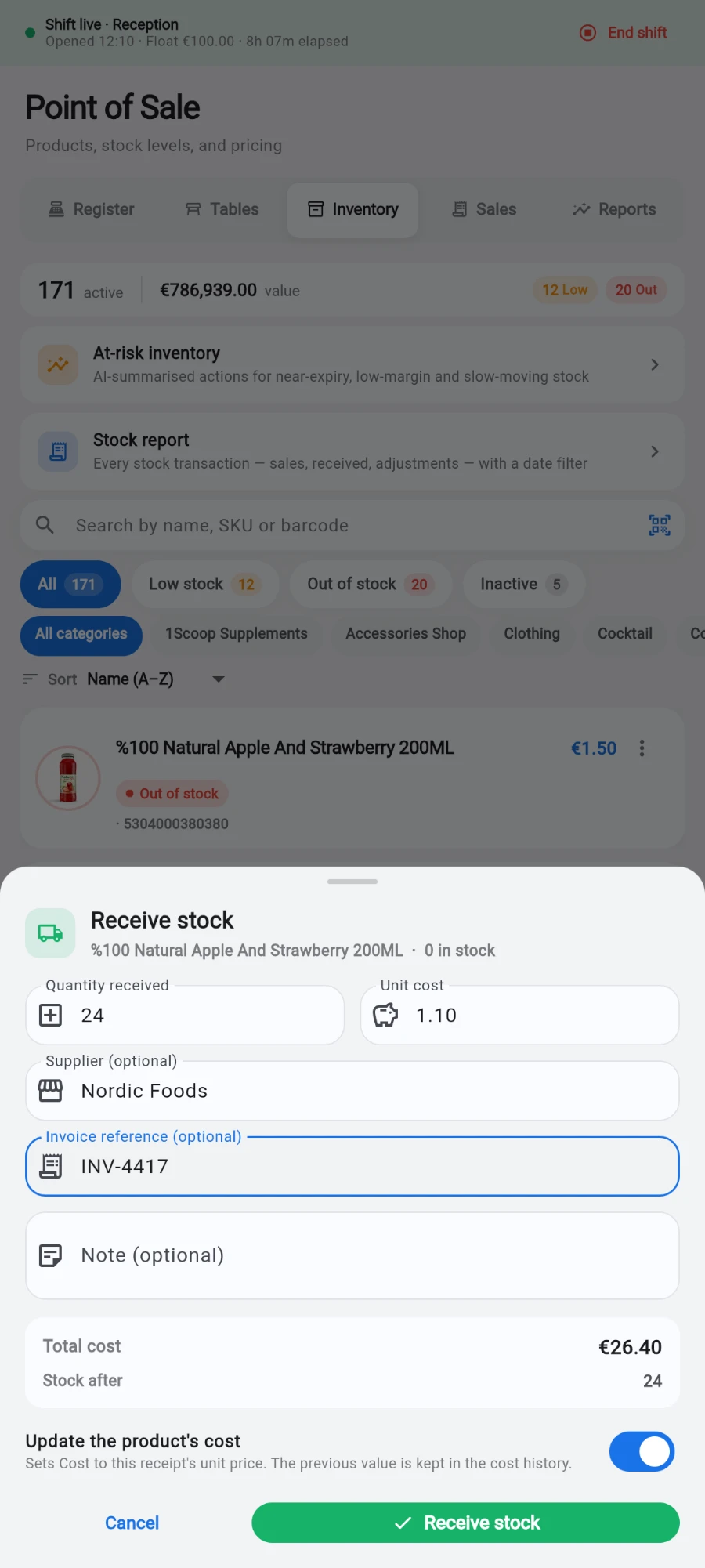 The Receive stock sheet over the inventory list: quantity received 24, unit cost 1.10, supplier Nordic Foods, invoice reference INV-4417, a total cost of €26.40 and stock after 24