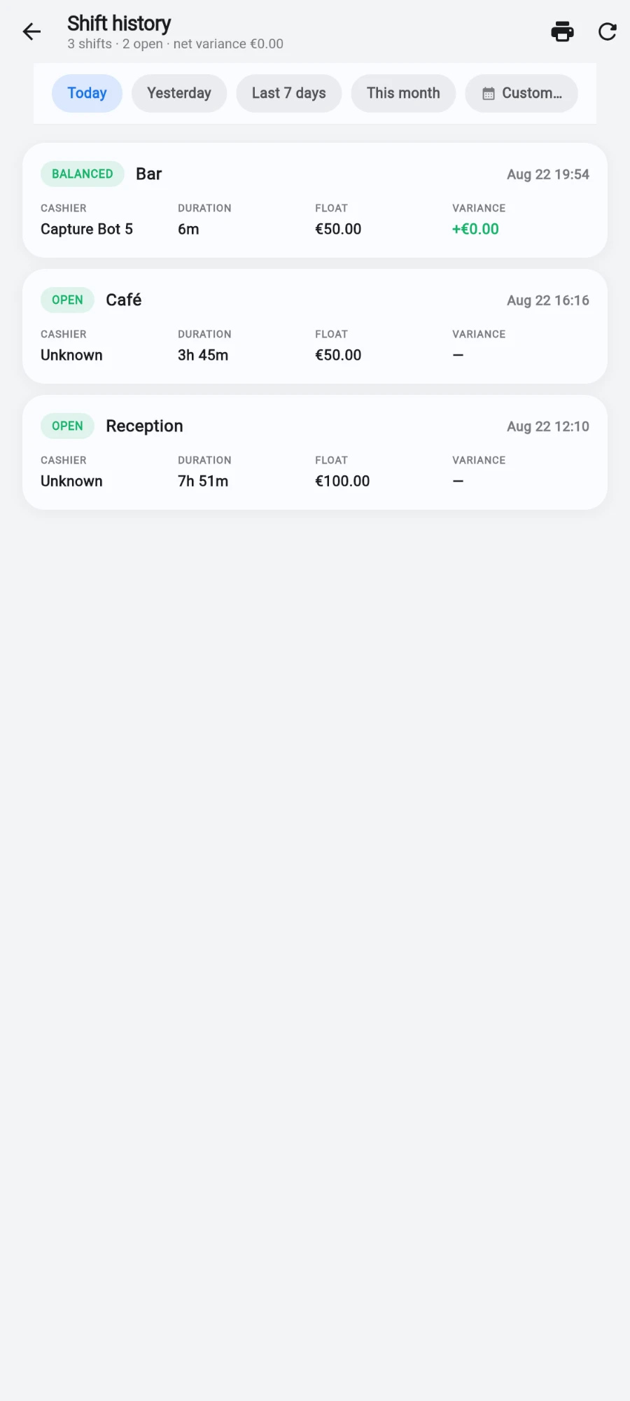 Shift history for today: a balanced Bar shift with a +€0.00 variance and its cashier, above two still-open shifts on Café and Reception with their floats