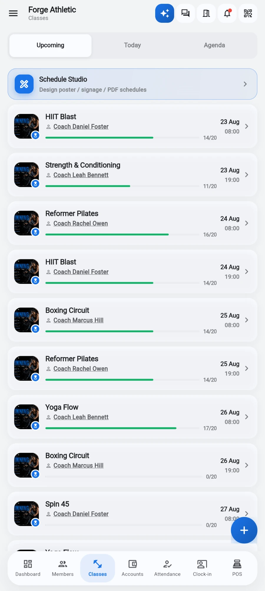 The Classes screen for Forge Athletic on the Upcoming tab with the highlighted Schedule Studio card — Design poster / signage / PDF schedules — sitting above the class list of HIIT Blast, Strength & Conditioning, Reformer Pilates and the rest with their coaches, dates and fill bars