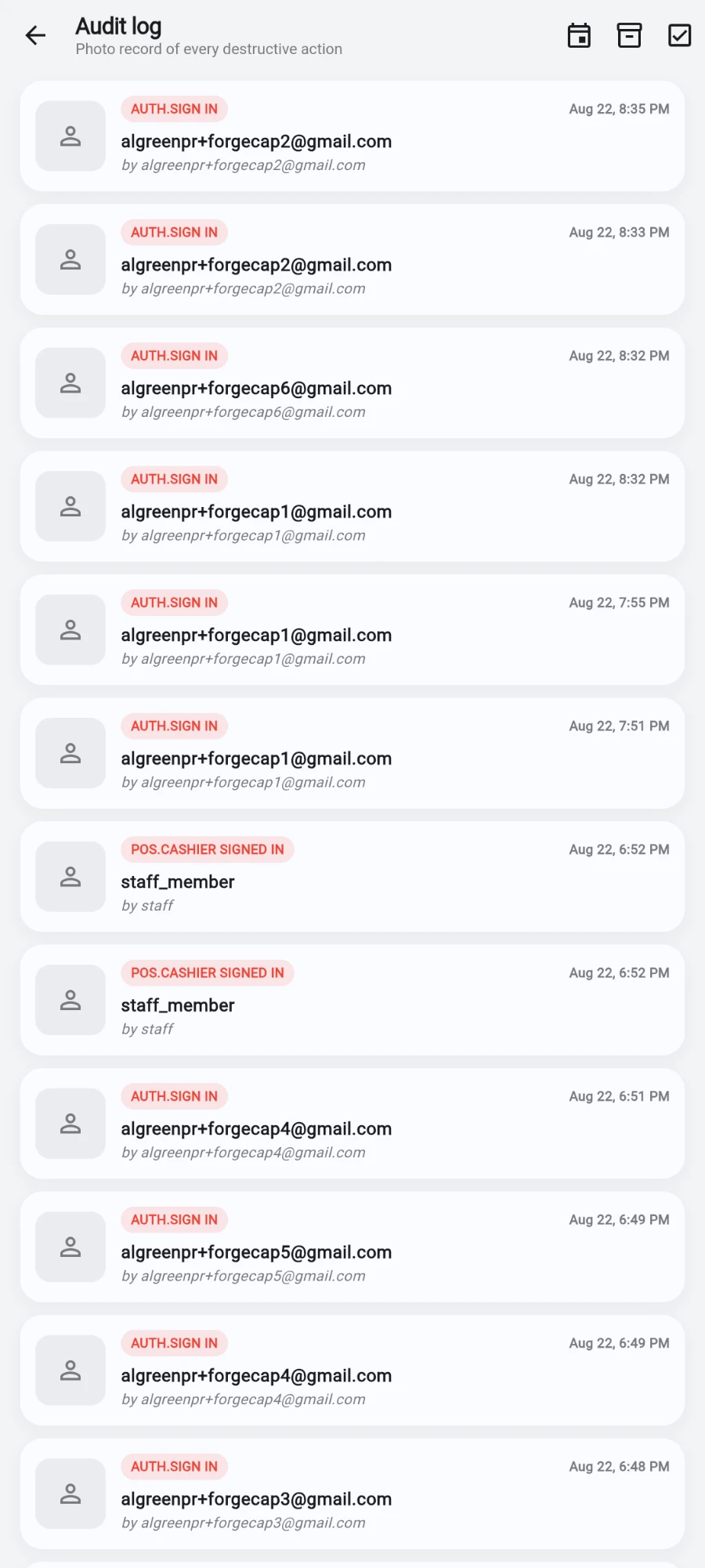 The audit log with entries showing actor, action, reason and selfie thumbnail