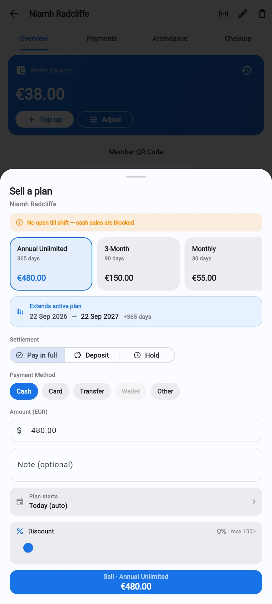 The Sell a plan sheet: plan cards, the Extends active plan preview, Settlement and Payment Method
