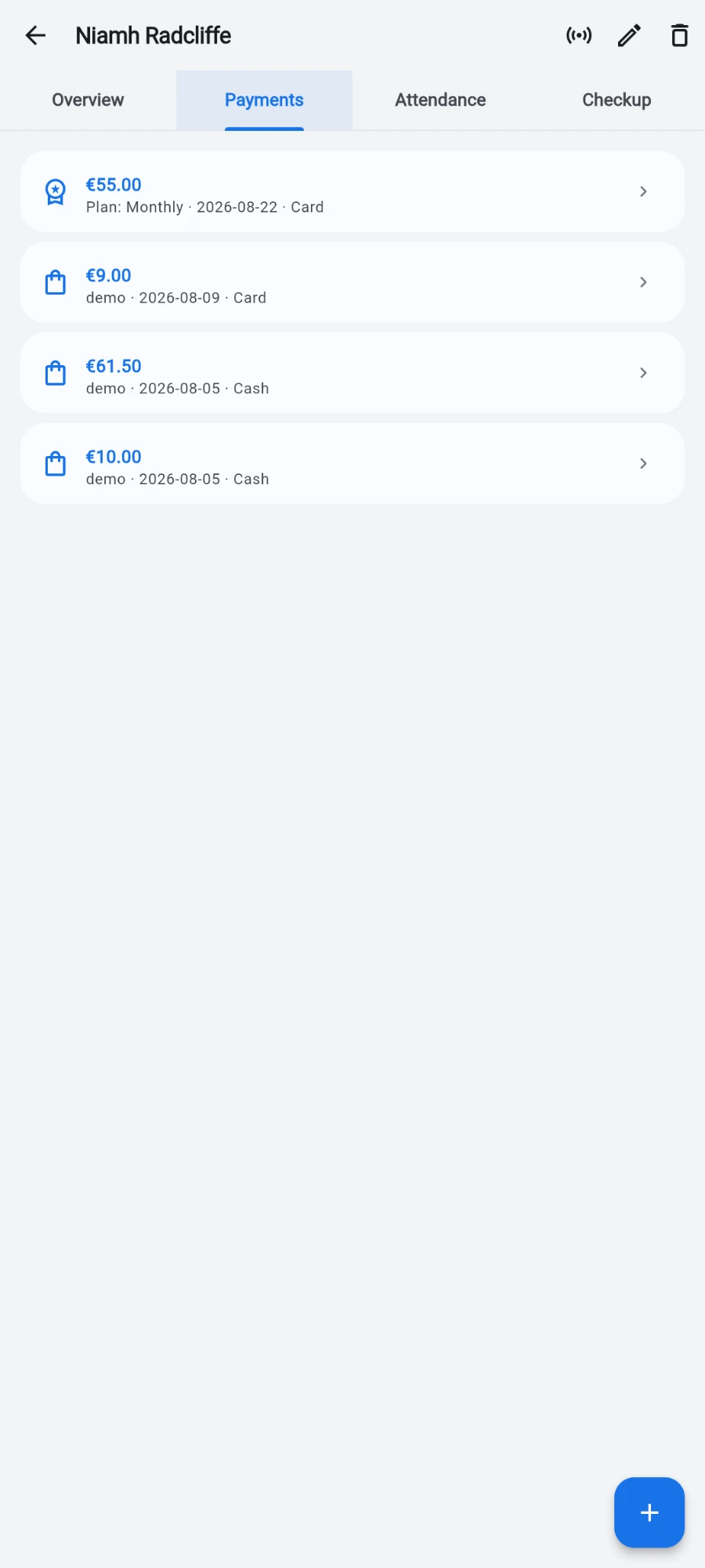 The member’s Payments tab showing the recorded sale