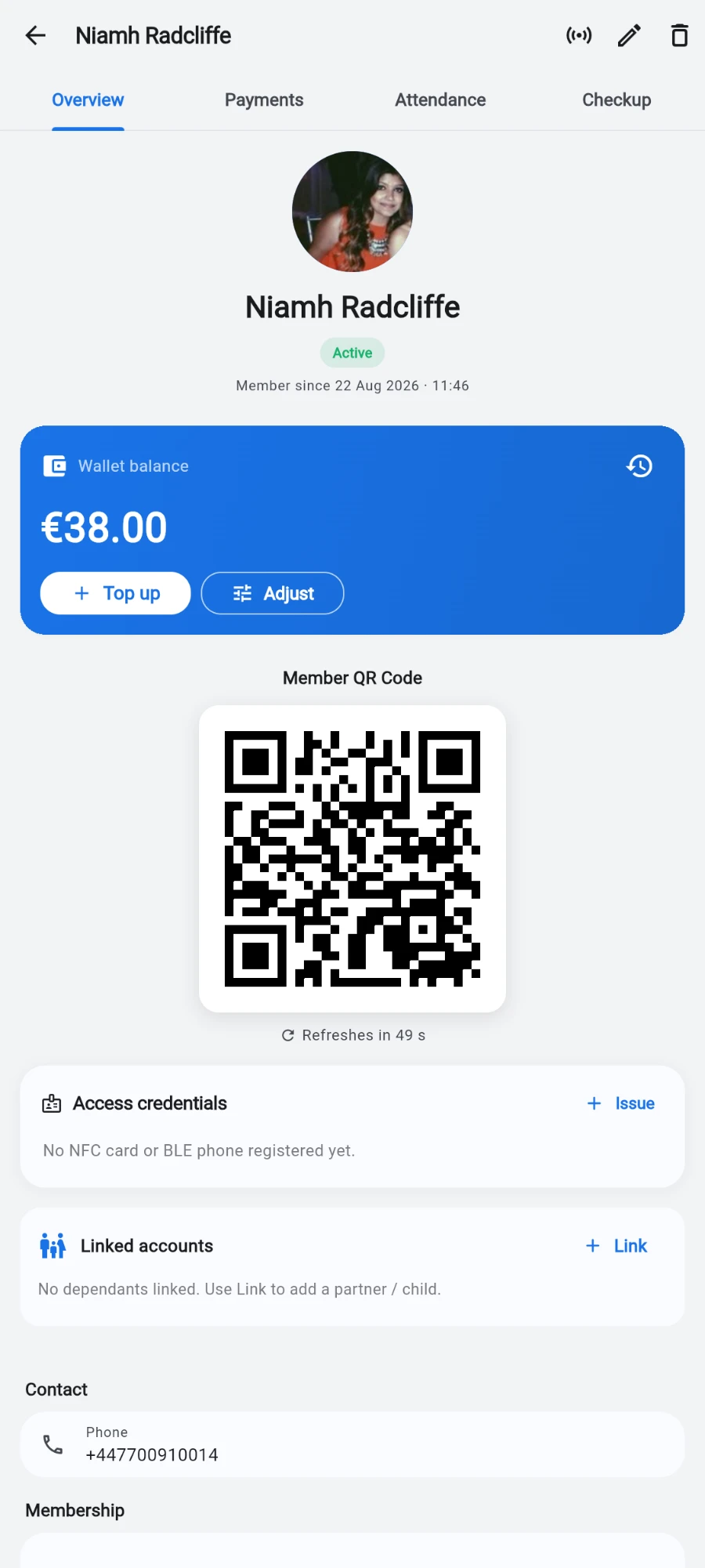 The member profile showing the Active badge after the sale