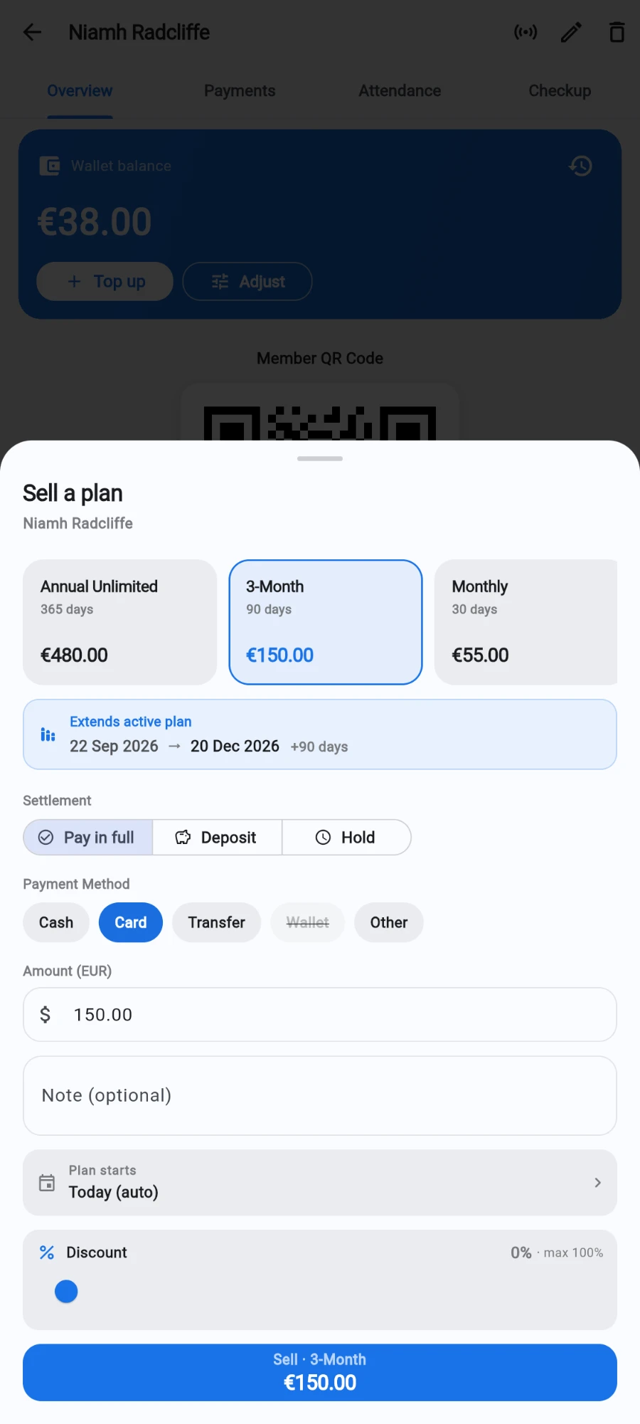 The Sell a plan sheet with the 3-Month €150.00 card selected, an Extends active plan preview adding 90 days, Pay in full, Card selected, the amount pre-filled and a Sell · 3-Month €150.00 button