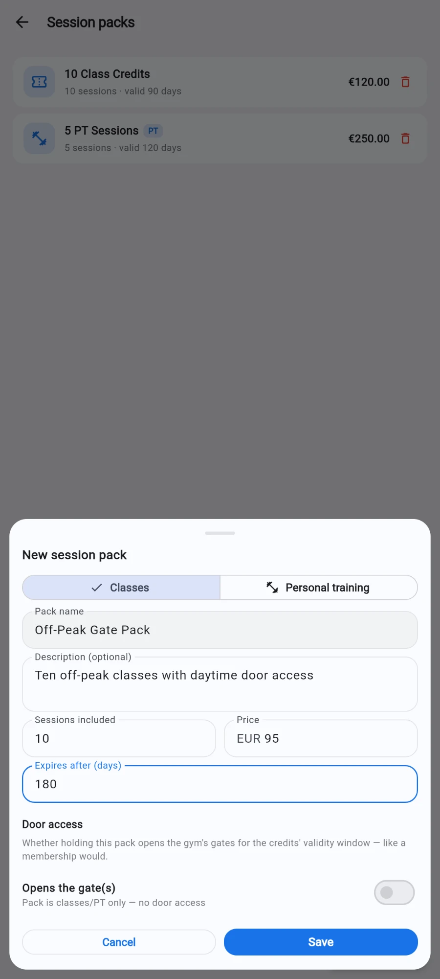 The New session pack form filled in for Off-Peak Gate Pack — Classes type, 10 sessions included, EUR 95 price and 180-day expiry