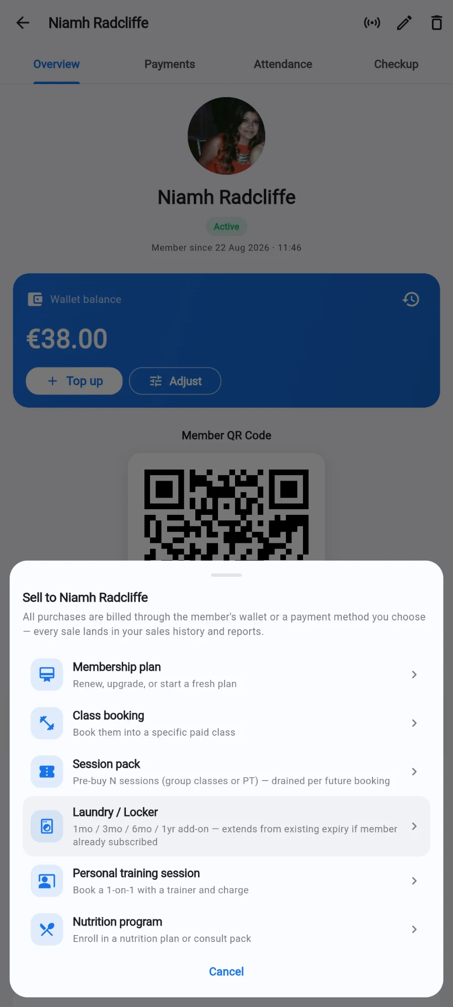 The Sell to Niamh Radcliffe sheet listing Membership plan, Class booking, Session pack, Laundry / Locker, Personal training session and Nutrition program
