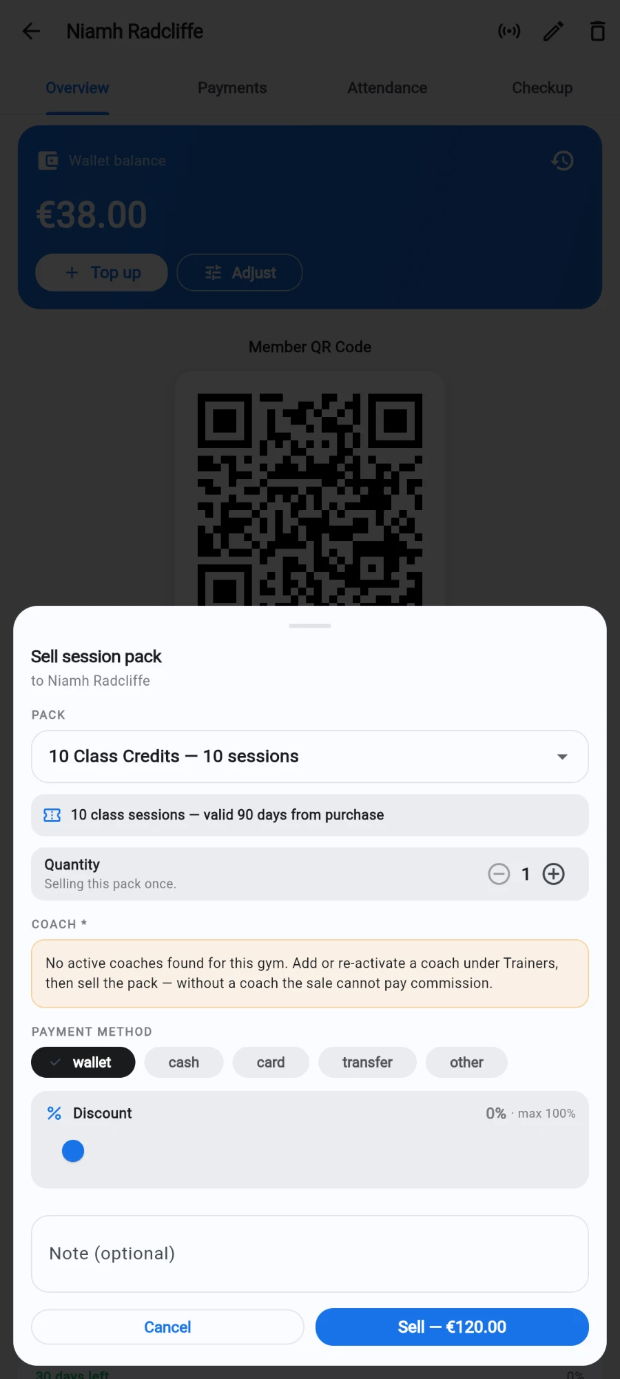 The Sell session pack sheet: the 10 Class Credits pack with its 90-day validity, quantity 1, a coach warning that this gym has no active coaches, wallet selected as payment method and a Sell — €120.00 button