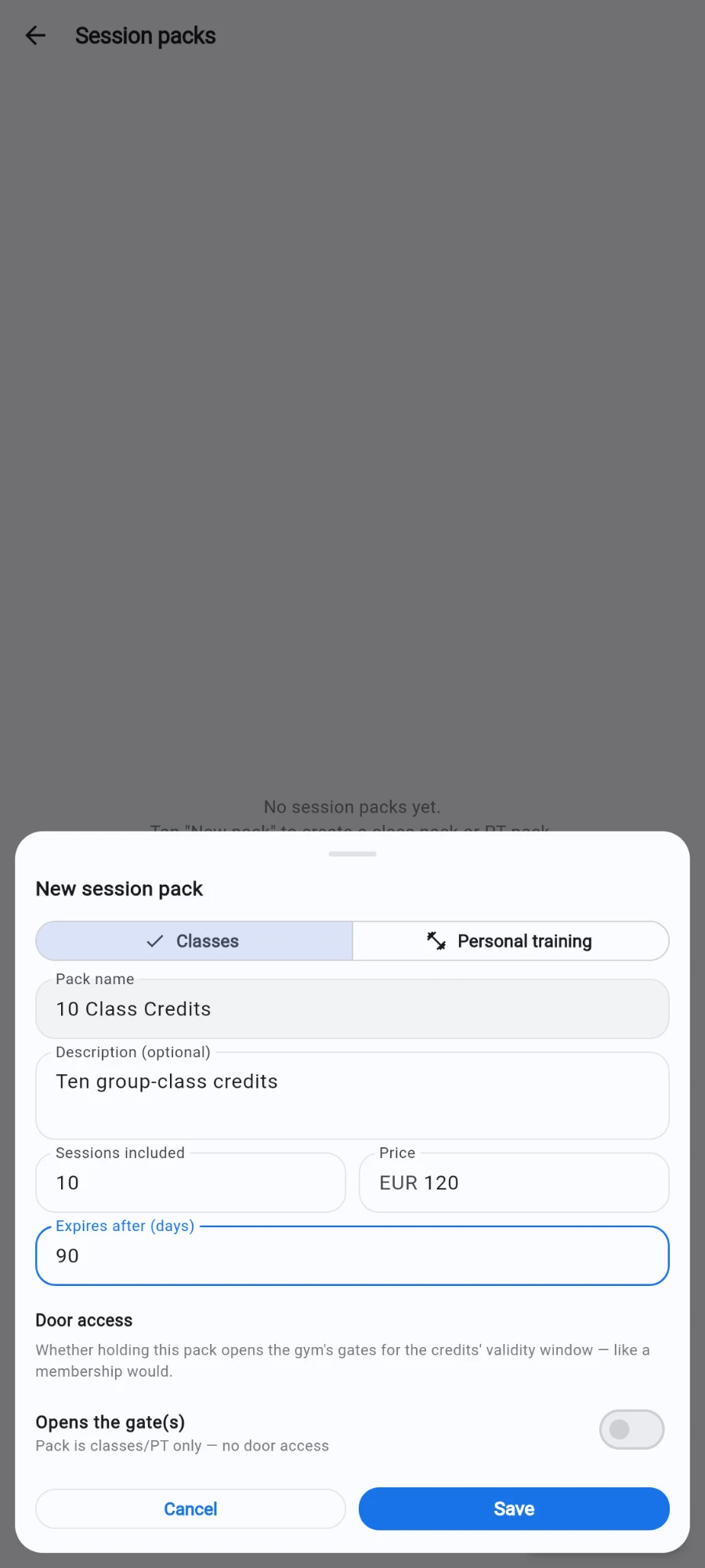 The New session pack sheet with Classes selected, pack name 10 Class Credits, a description, 10 sessions included, a price of EUR 120 and expiry after 90 days