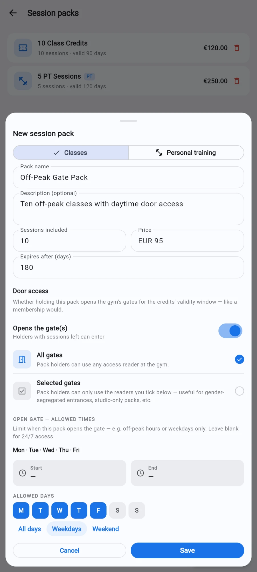 The pack form scrolled to Door access with Opens the gate(s) switched on, All gates selected, and the OPEN GATE — ALLOWED TIMES section set to Mon-Fri via the Weekdays preset