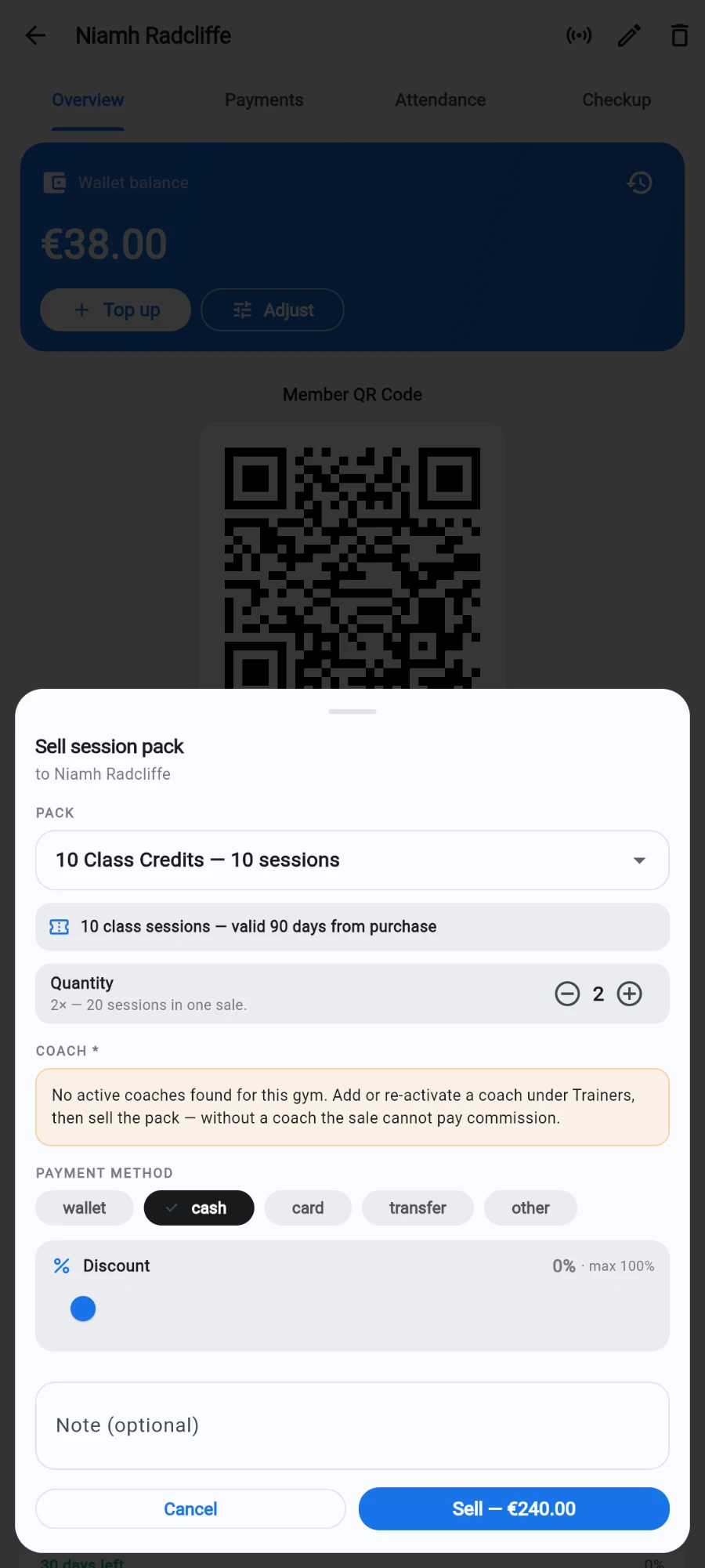 The Sell session pack sheet with quantity raised to 2 and cash chosen, so the button reads Sell — €240.00; the coach block warns that no active coaches exist yet