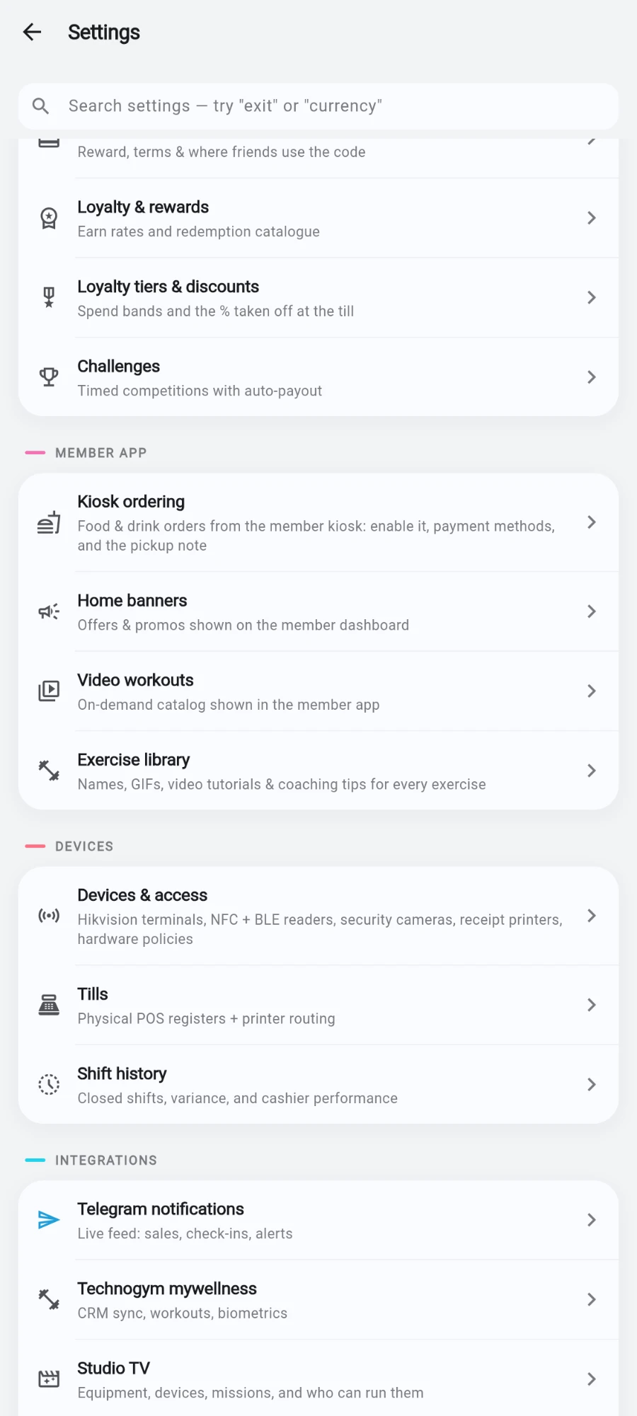 The DEVICES group — Devices & access (Hikvision terminals, NFC + BLE readers, security cameras, receipt printers, hardware policies), Tills, and Shift history — between the MEMBER APP and INTEGRATIONS groups
