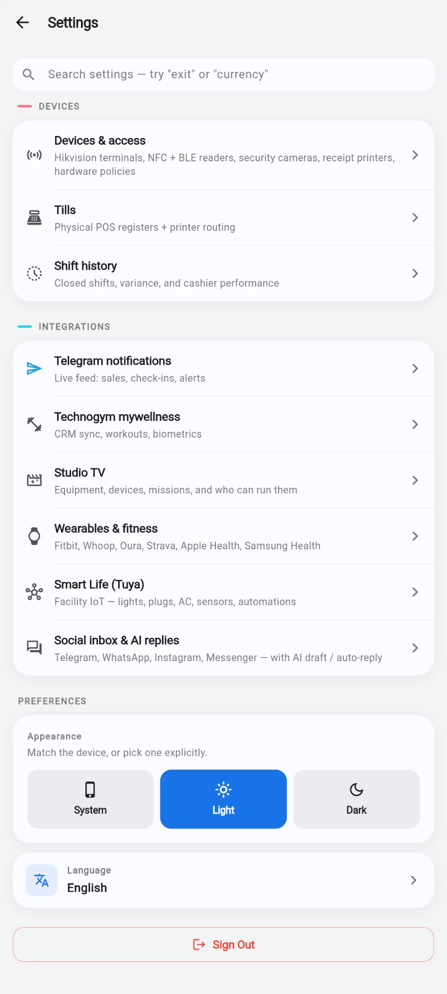 The bottom of Settings: the INTEGRATIONS rows, then PREFERENCES with the Appearance choices System, Light and Dark (Light selected) and a Language row reading English, above the Sign Out button