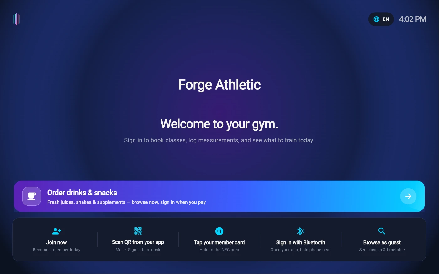 The Forge Athletic kiosk welcome screen: Prism mark and clock at the top, a Welcome to your gym headline, an Order drinks and snacks band, and a strip of five options - Join now, Scan QR from your app, Tap your member card, Sign in with Bluetooth and Browse as guest.