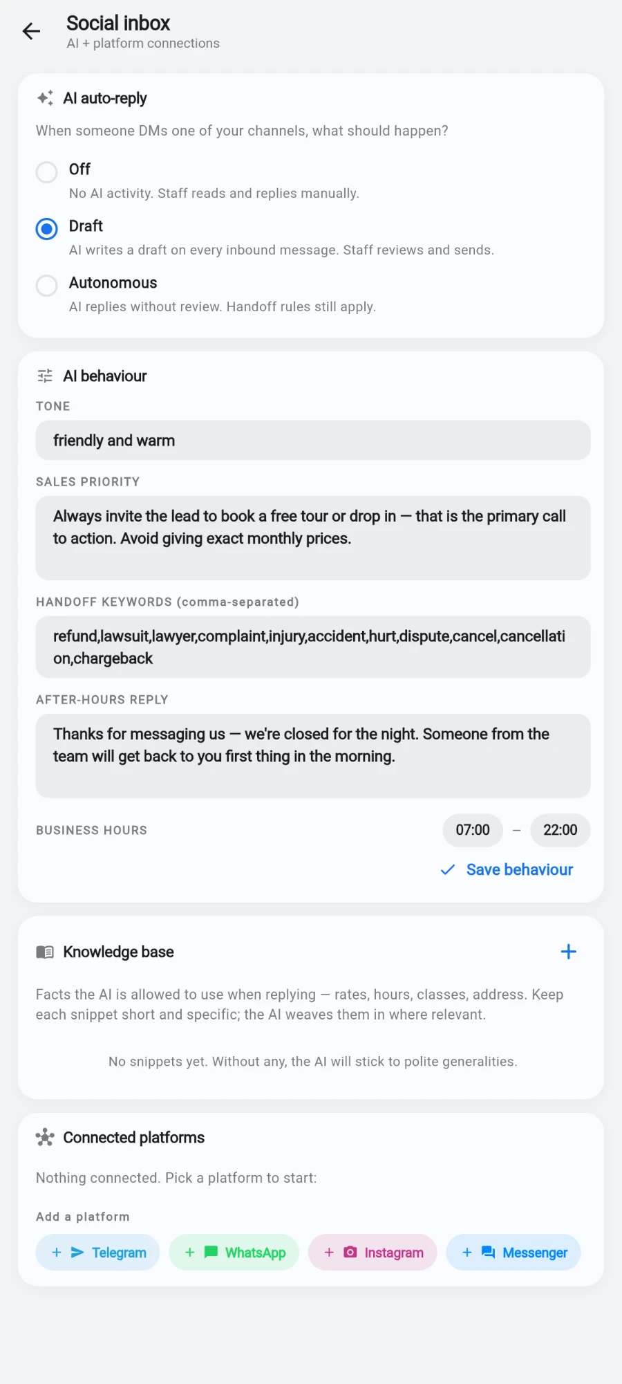 The Social inbox settings screen: the AI auto-reply card with Off, Draft (selected) and Autonomous, then the AI behaviour card showing TONE 'friendly and warm', a SALES PRIORITY instruction about booking a free tour, the comma-separated HANDOFF KEYWORDS list starting refund, lawsuit, lawyer, complaint, an AFTER-HOURS REPLY, BUSINESS HOURS 07:00–22:00 and Save behaviour — with an empty Knowledge base and the Connect a platform chips below
