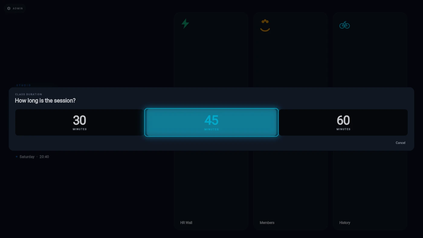 The CLASS DURATION dialog with the 30 / 45 / 60 minute presets