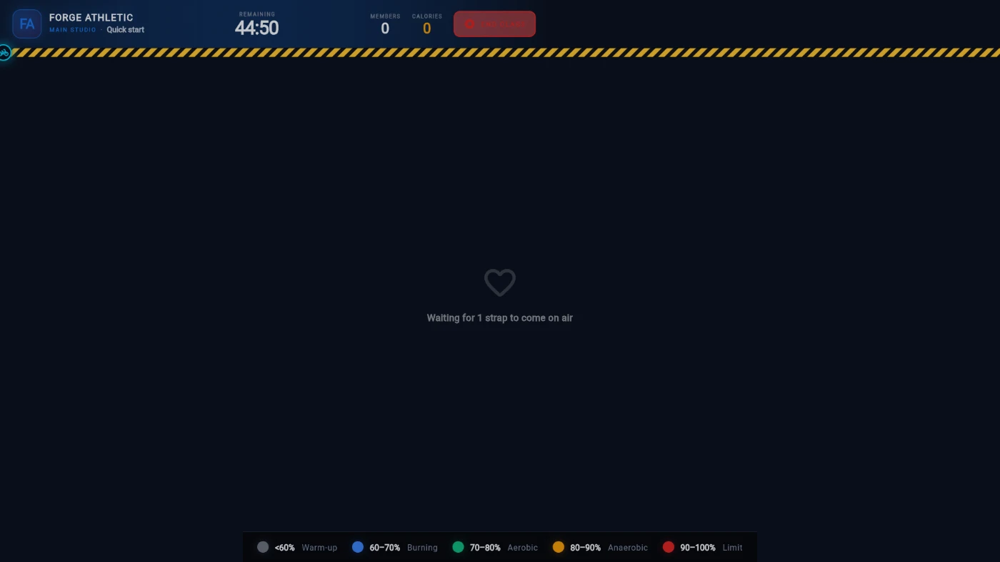 The live tile grid: zone-coloured tiles, one still Waiting for strap