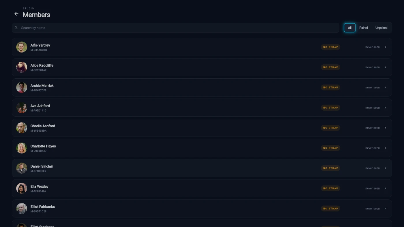 The TV Members screen: strap chips, filters and search