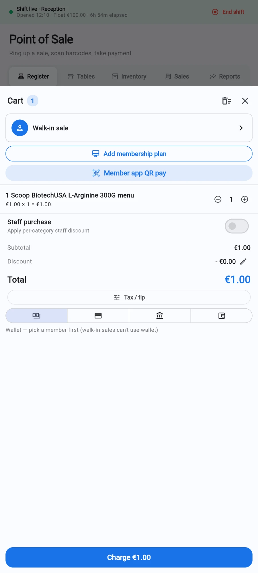 The cart with the four payment icons — cash, card, transfer and wallet — cash selected, and the line beneath reading that wallet needs a member first on a walk-in sale