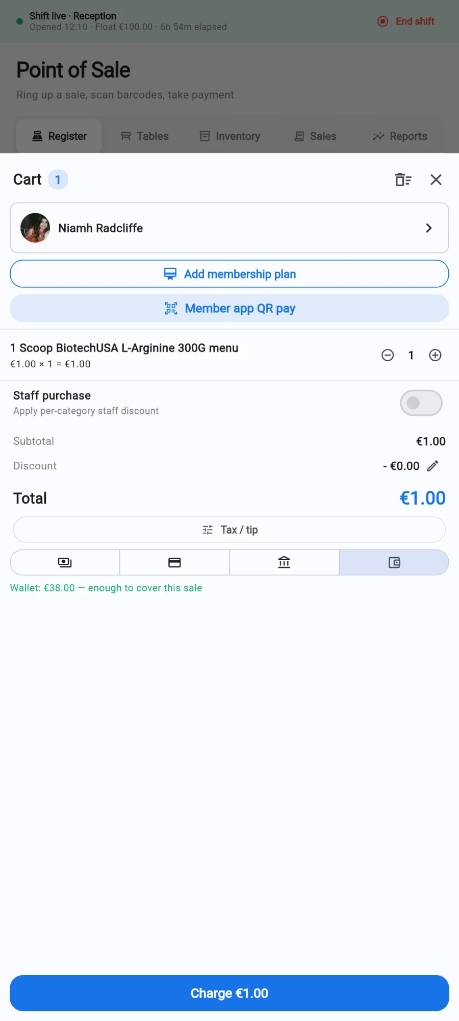 The cart with a member attached, the wallet icon selected and a green line reading Wallet: €38.00 — enough to cover this sale, above the Charge €1.00 button