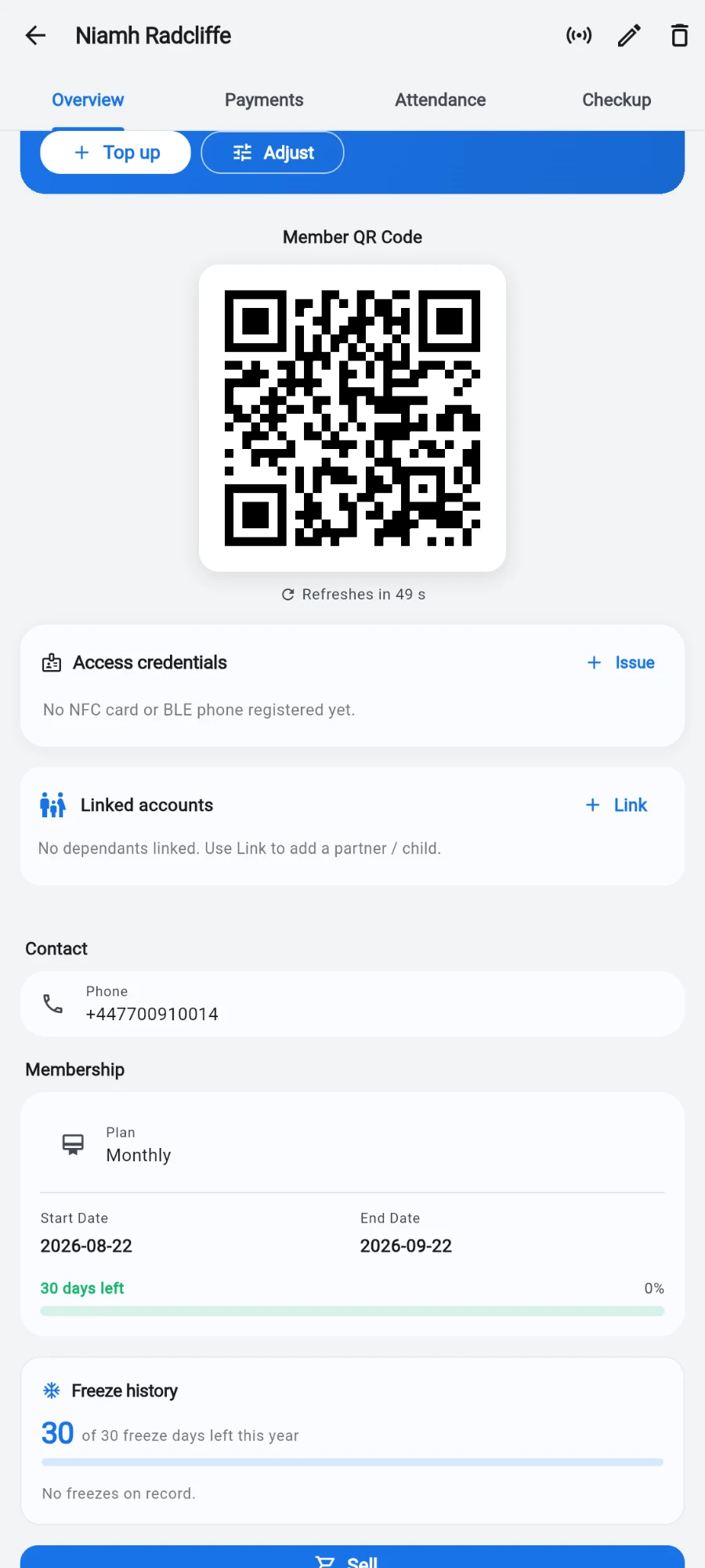 The Overview tab scrolled to the Access credentials card with its Issue button, the Linked accounts card with its Link button, and the Contact and Membership cards below