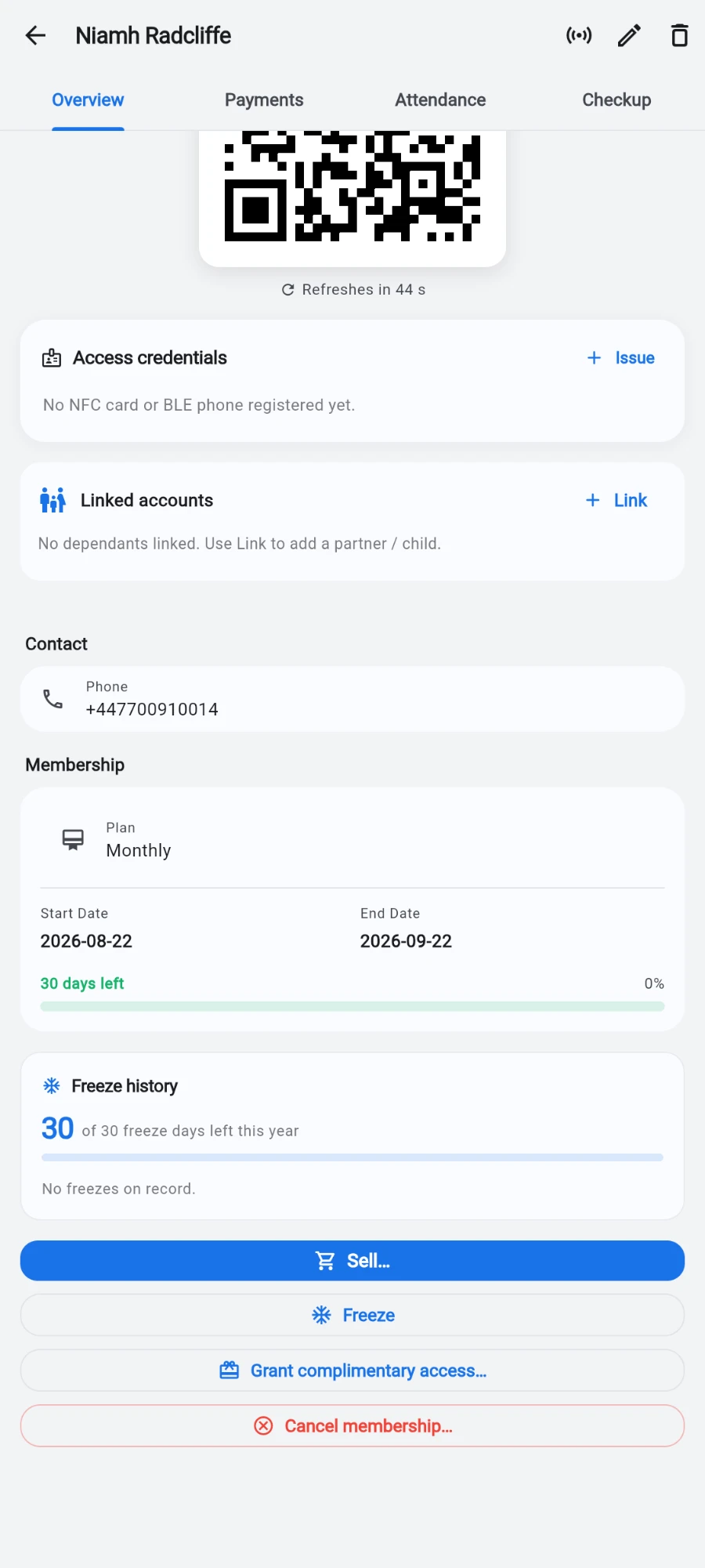 The bottom of the Overview tab: the Membership card with start and end dates, the Freeze history card, then the action stack — Sell, Freeze, Grant complimentary access and Cancel membership