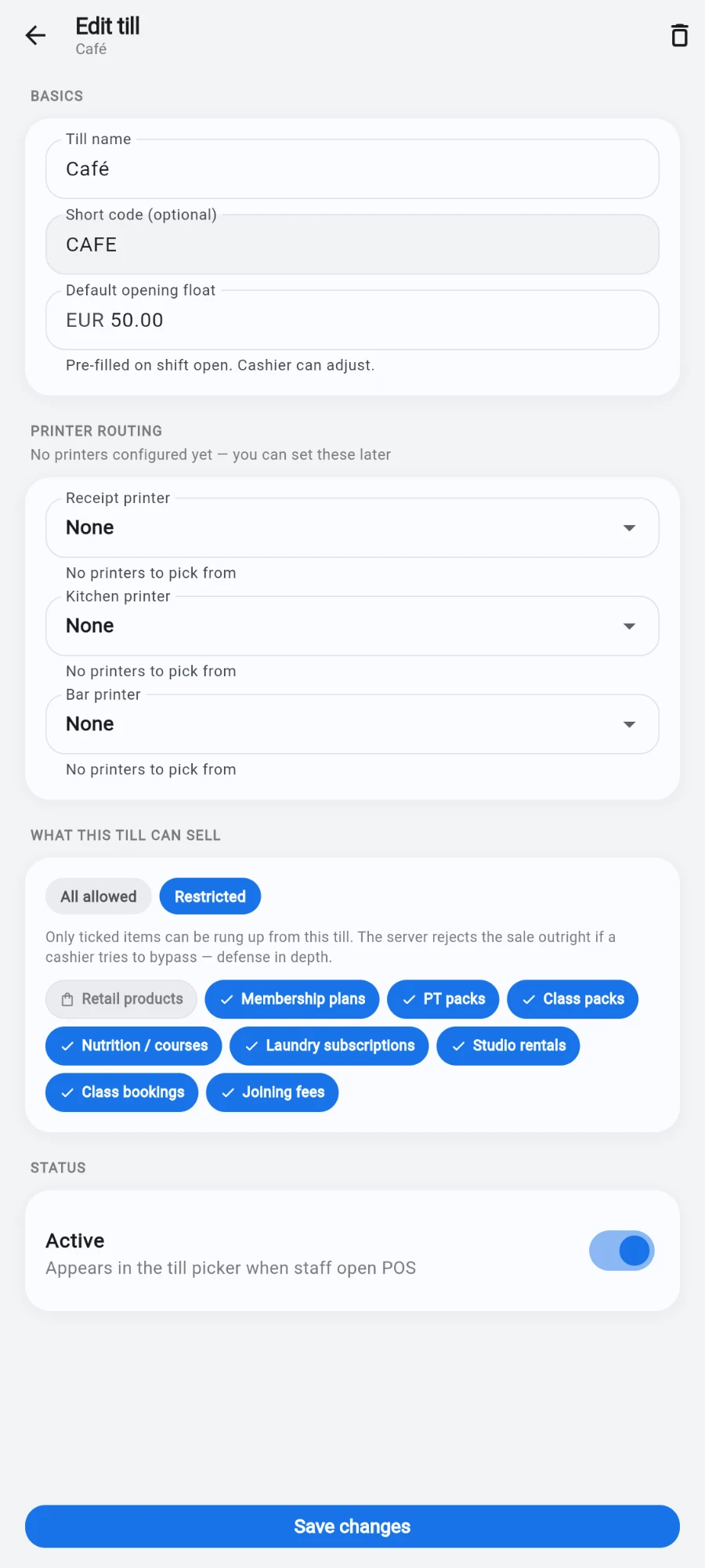 The Edit till page for Café: till name, short code CAFE, a EUR 50.00 default opening float, the three printer routing dropdowns, the allowlist and the Active switch