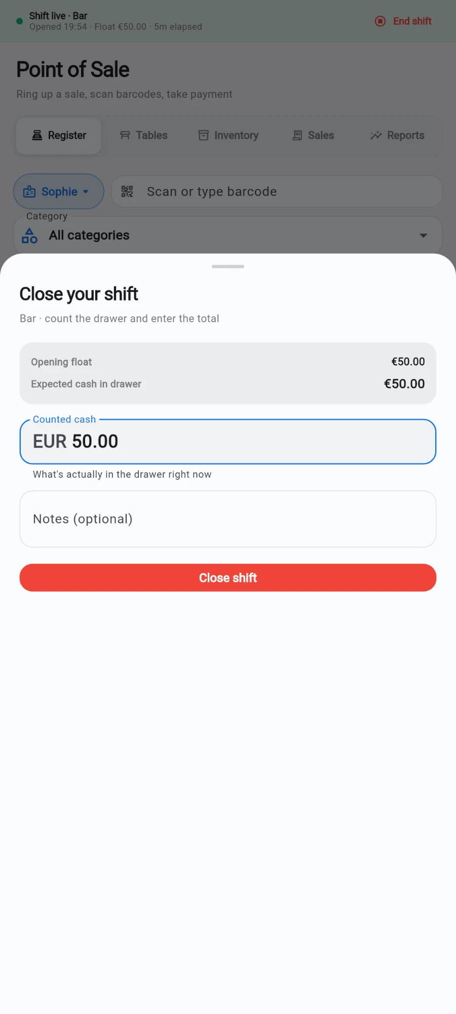 The Close your shift sheet for the Bar till: opening float €50.00, expected cash in drawer €50.00, a counted cash field holding EUR 50.00, a notes box and the red Close shift button