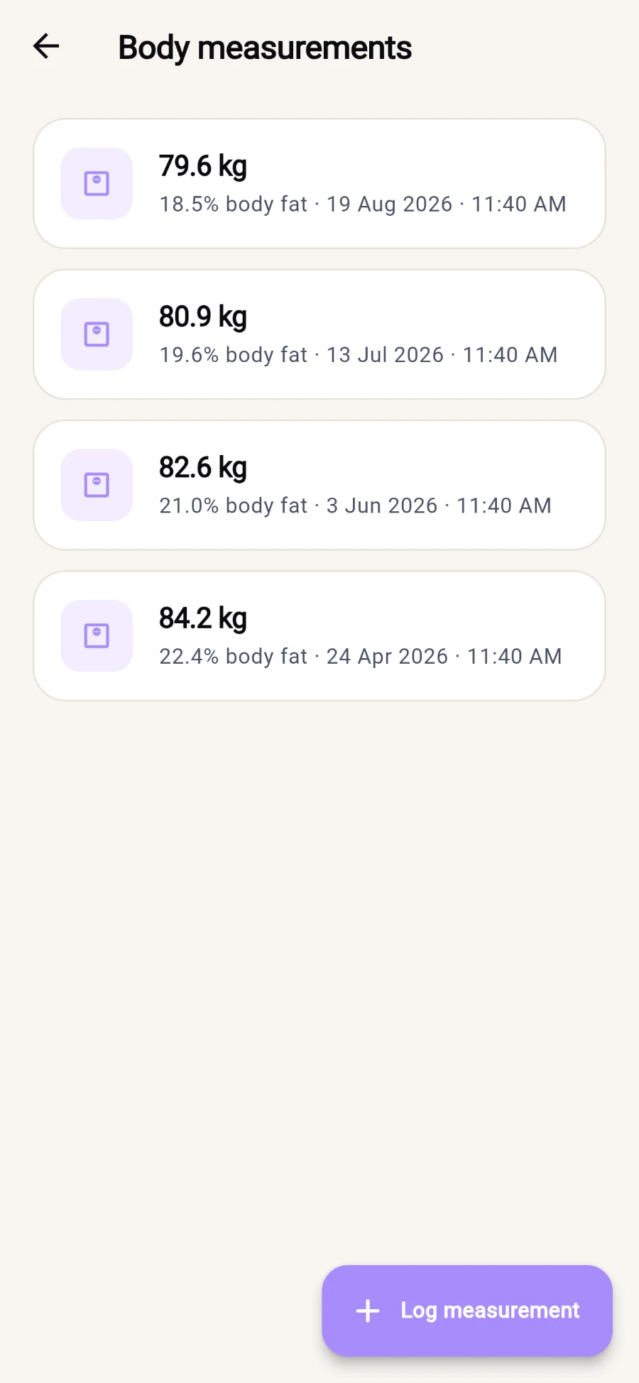 The Body measurements screen listing four dated readings - 79.6 kg at 18.5% body fat, 80.9 kg, 82.6 kg and 84.2 kg - with a Log measurement button bottom-right