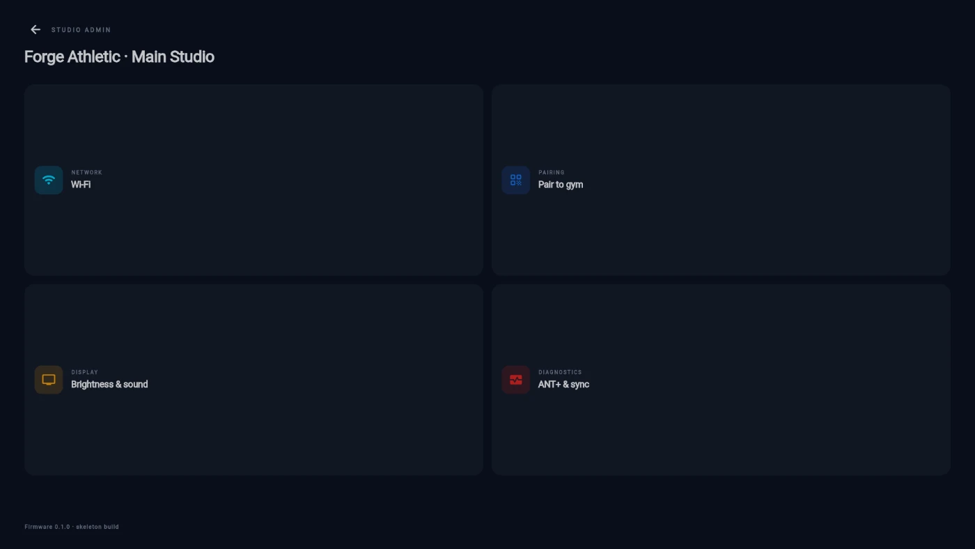 The STUDIO ADMIN menu: Wi-Fi, Pair to gym, Brightness and sound, ANT+ and sync