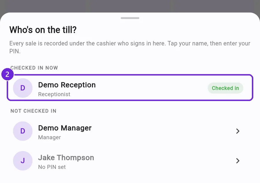The Who's on the till sheet with Demo Reception listed under Checked in now