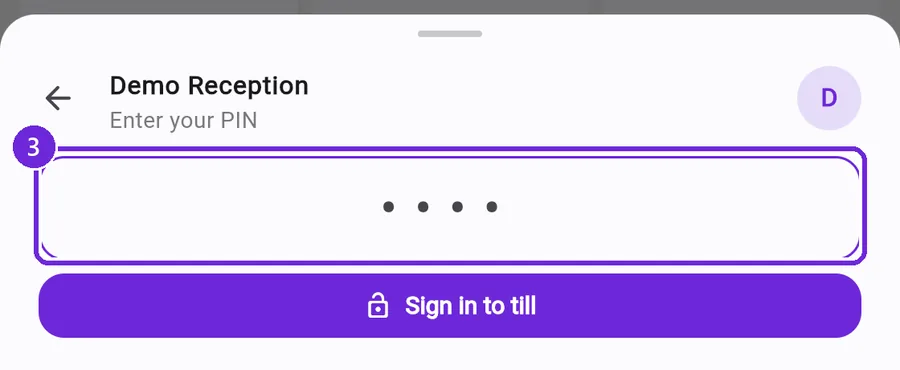 The PIN step showing Demo Reception with the PIN field and Sign in to till button