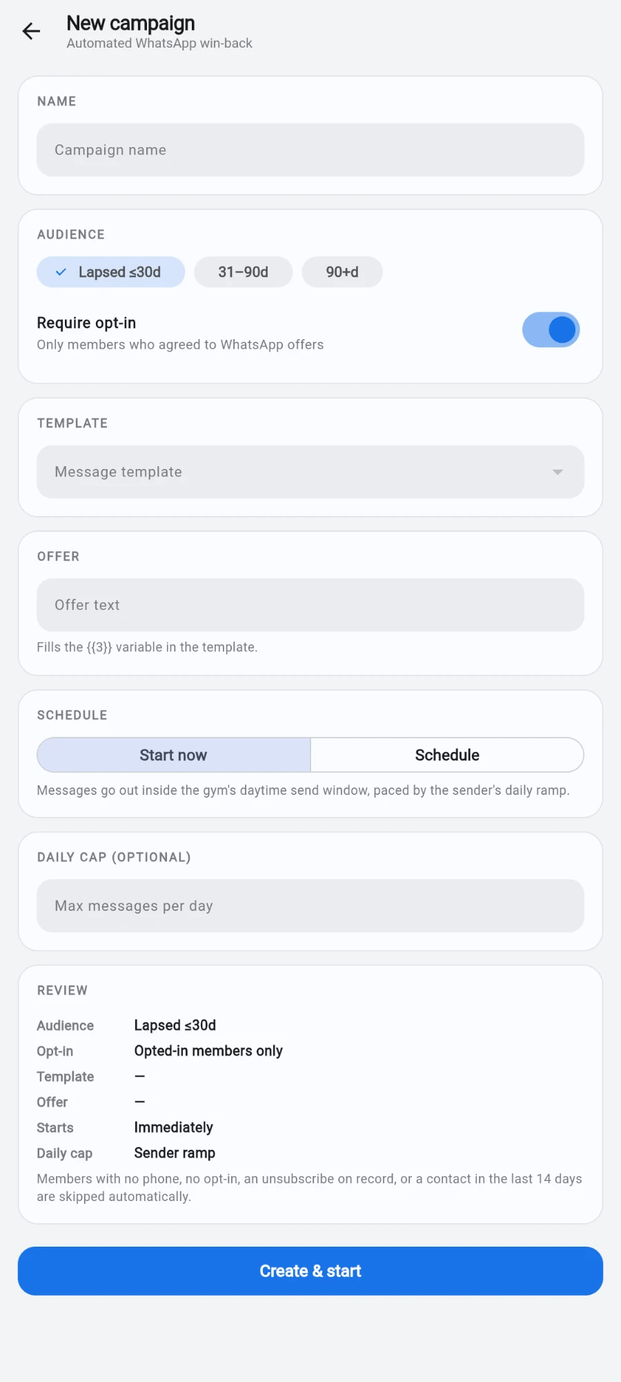 The New campaign form — 'Automated WhatsApp win-back' — with a Name field, an Audience card offering Lapsed ≤30d (ticked), 31–90d and 90+d plus a Require opt-in switch, a Template picker, an Offer text field, a Schedule toggle of Start now or Schedule, an optional Daily cap, and a Review summary above Create & start