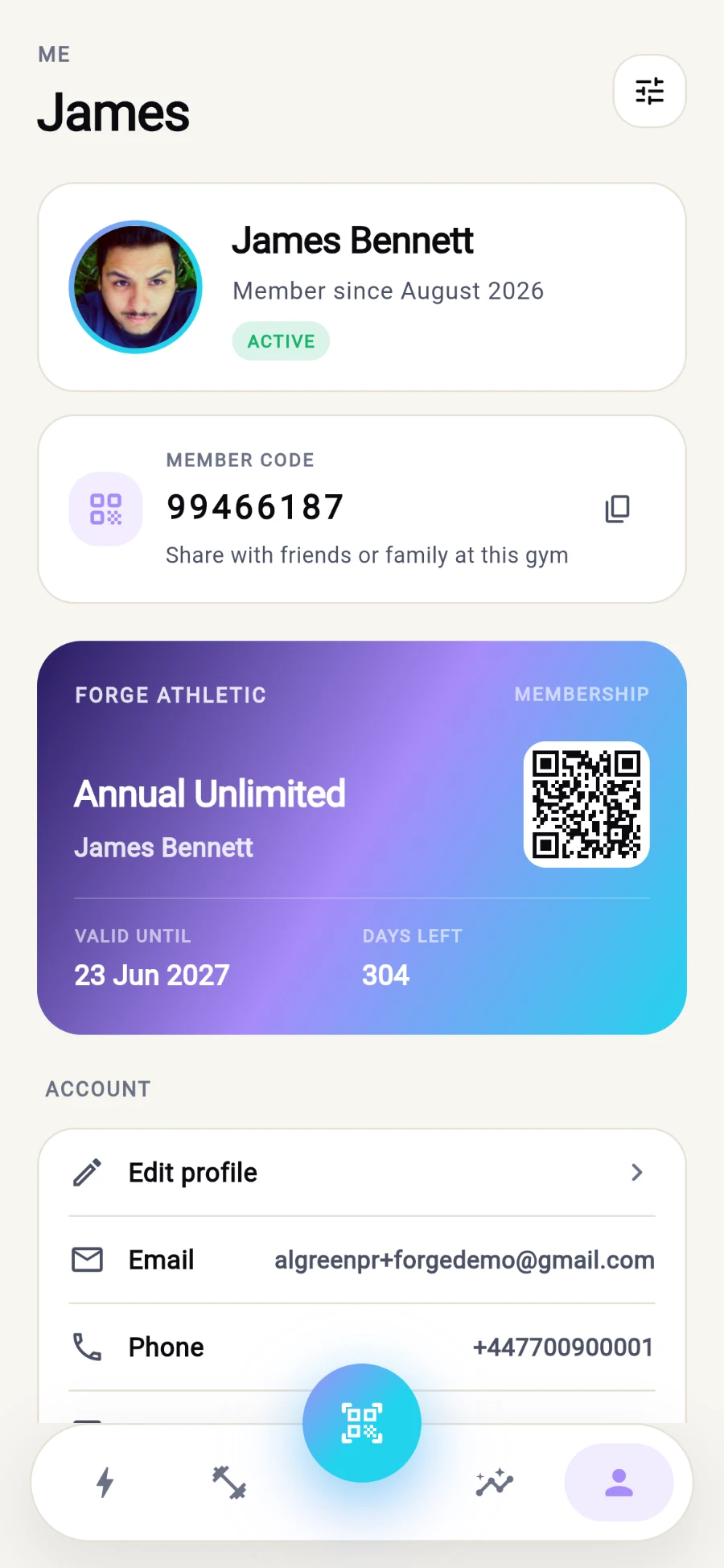 The Me tab: the identity hero with photo, James Bennett, Member since August 2026 and an ACTIVE pill; a MEMBER CODE card showing 99466187 with a Copy button; and the Forge Athletic membership card showing Annual Unlimited, a live QR, VALID UNTIL 23 Jun 2027 and 304 DAYS LEFT