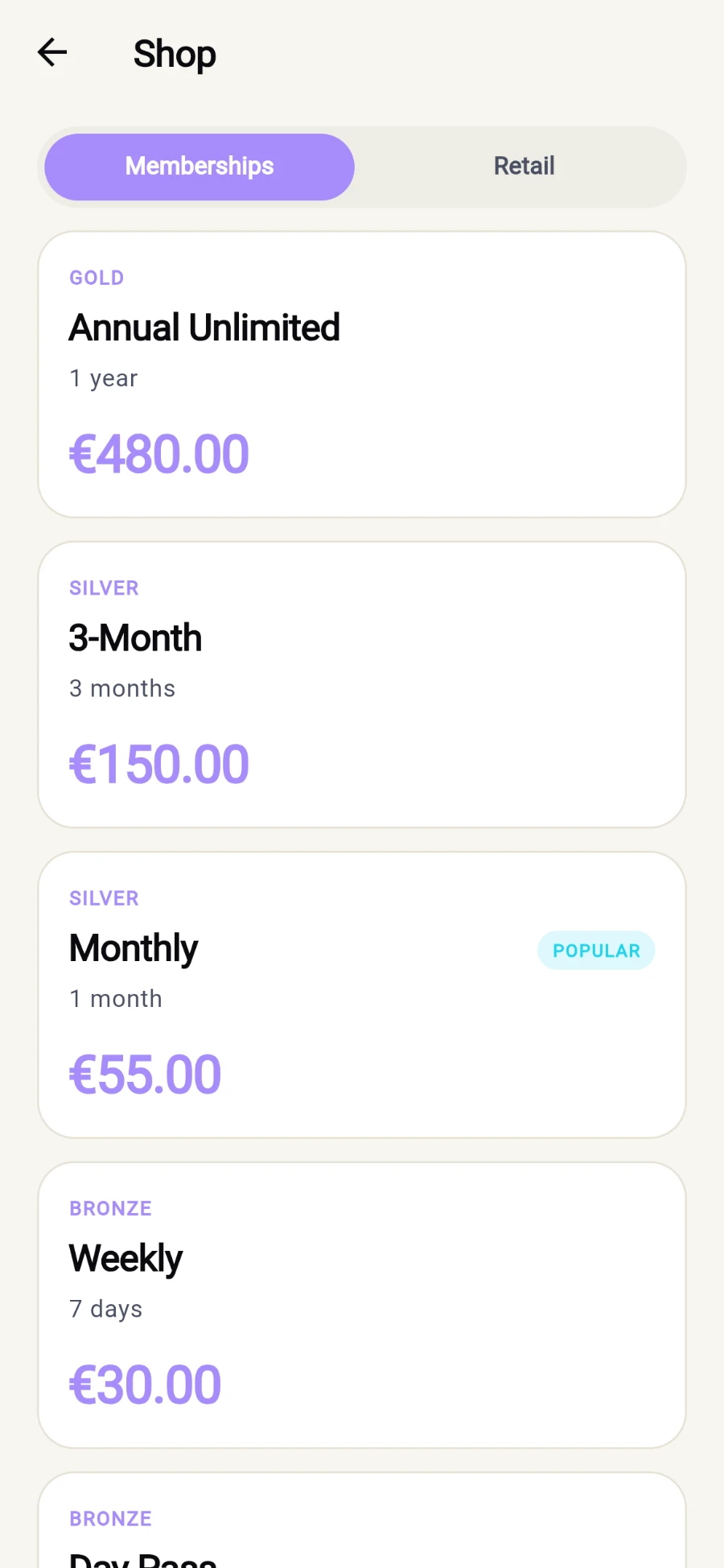 The Shop with the Memberships tab selected, listing plan tiles: GOLD Annual Unlimited 1 year 480.00 euro, SILVER 3-Month 150.00 euro, SILVER Monthly with a POPULAR badge 55.00 euro, BRONZE Weekly 30.00 euro and BRONZE Day Pass 12.00 euro