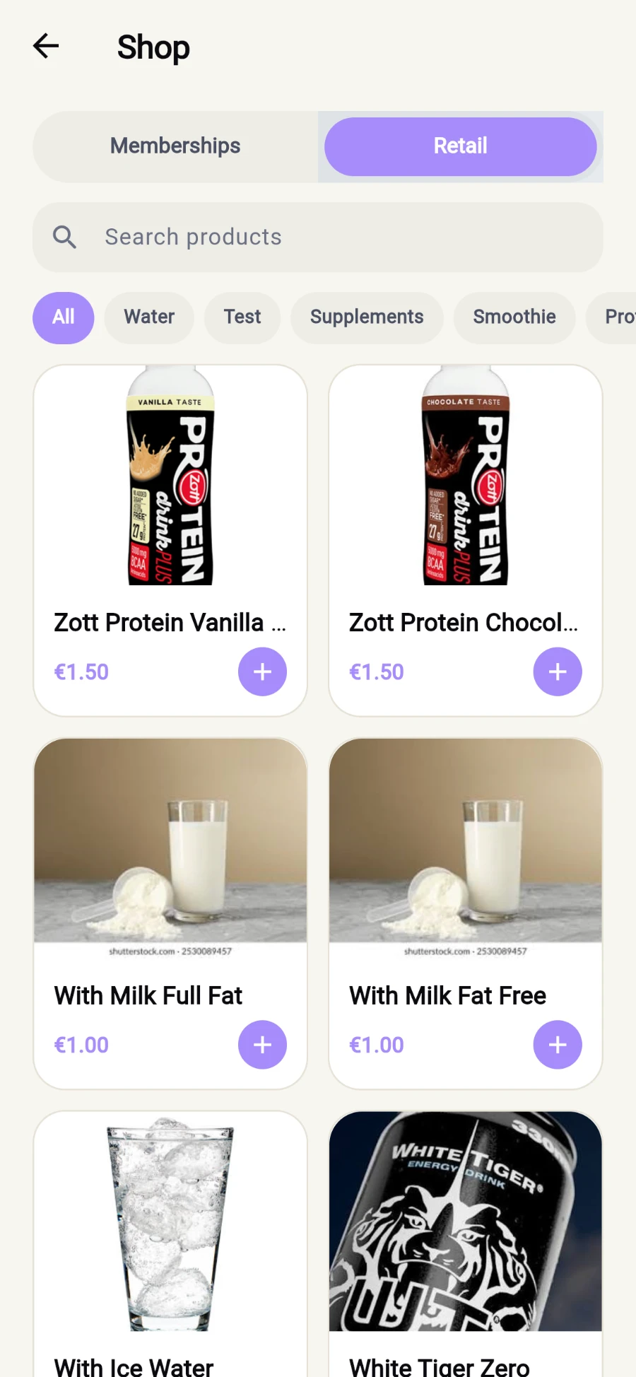The Shop with the Retail tab selected: a Search products field, category chips (All, Water, Test, Supplements, Smoothie), and a two-column product grid with prices in euros and a plus stepper on each card
