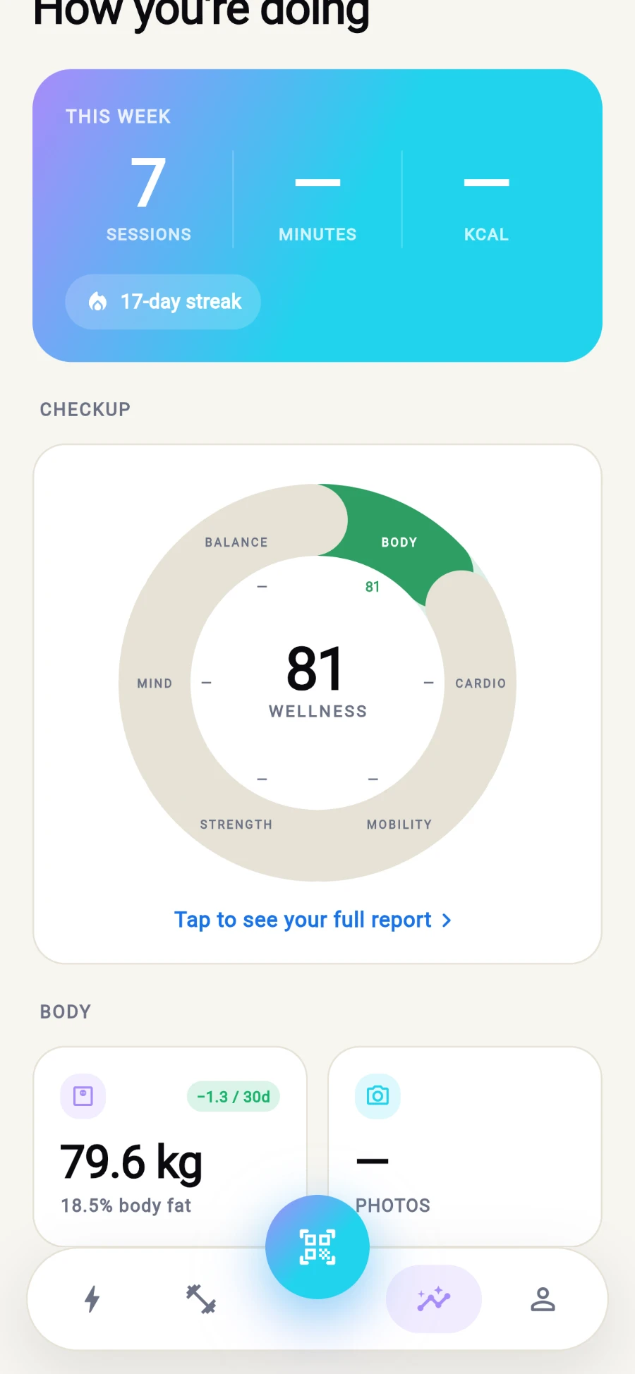 The CHECKUP card on Progress: a six-domain wheel labelled Body, Cardio, Mobility, Strength, Mind and Balance around a headline score of 81 WELLNESS, with Tap to see your full report beneath