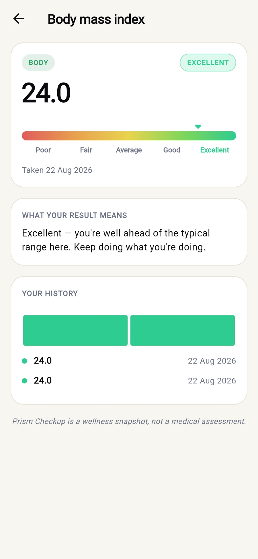 The Body mass index test detail: a BODY chip, an EXCELLENT pill, the value 24.0, a Poor-to-Excellent gradient band with a marker showing where the result sits, Taken 22 Aug 2026, a WHAT YOUR RESULT MEANS explainer and a YOUR HISTORY chart with two dated readings