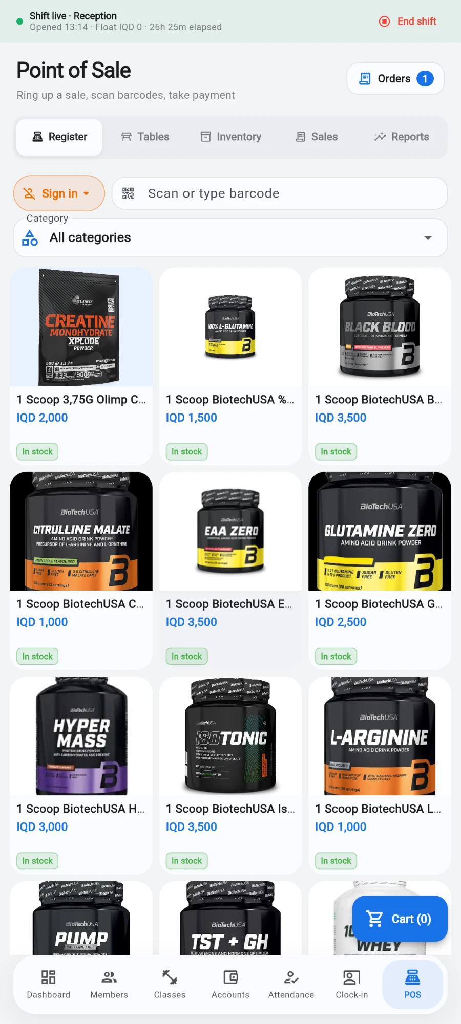 The register: live shift banner, barcode field, category filter and product grid with stock pills
